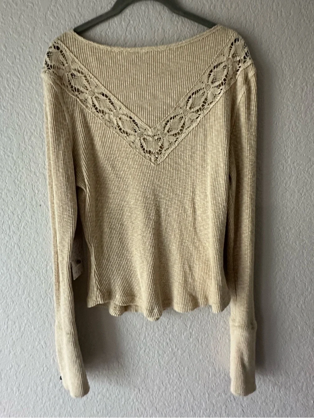 Free People Oatmeal Combo Thermal Henley - Lace Trim Waffle Knit Top - XL NWT